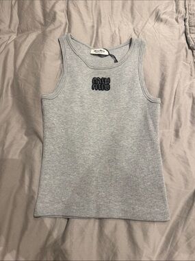 Miu Miu Light Gray Ribbed Tank Top with Black Logo